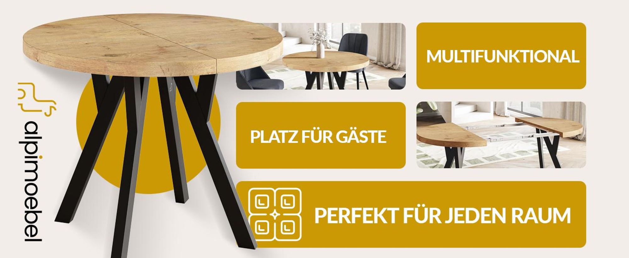 Esstisch Ausziehbar Ovo, 80-130 cm, Stabile Beine, Craft