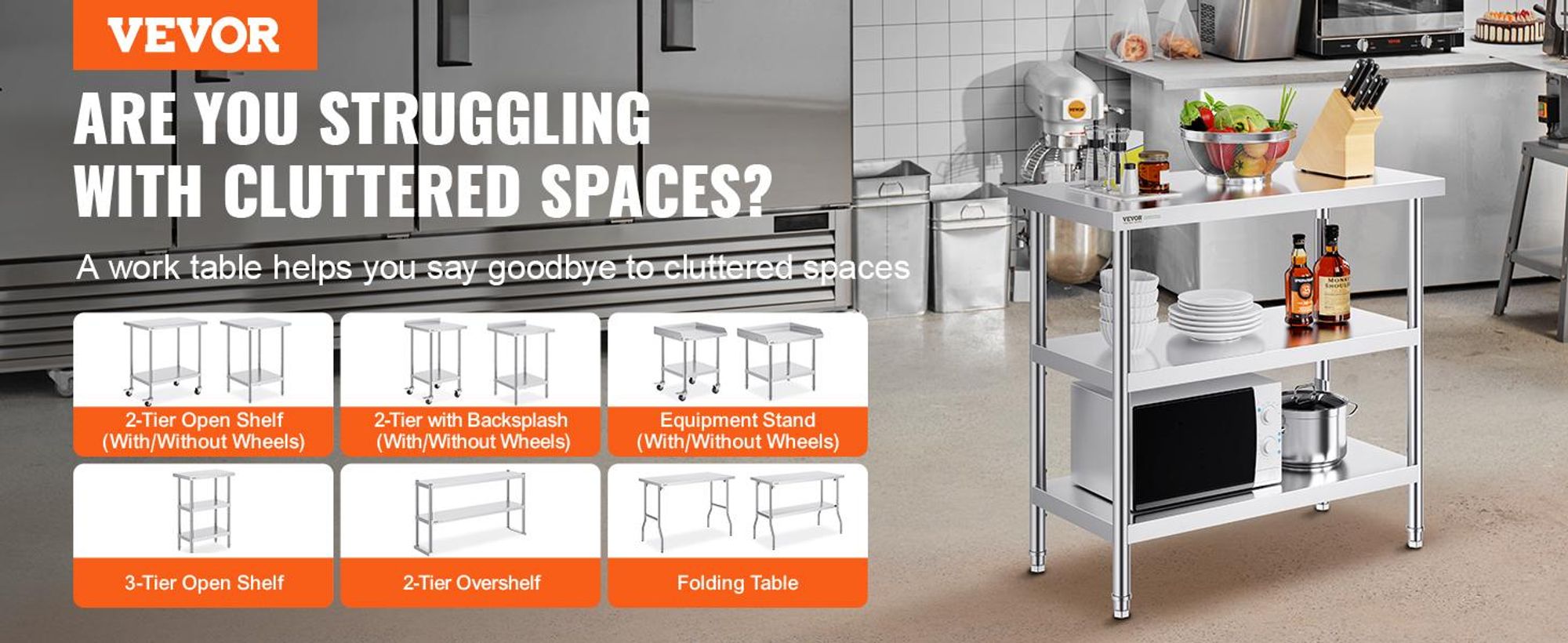 VEVOR Edelstahl Vorbereitungs Tisch, 24 x 24 x 34 Zoll, Schwerlast Metall Arbeitstisch mit 3 verstellbaren Höhenstufen, Gewerbliche Arbeitsstation für Küche Garage Restaurant Garten, 457x914x864 mm