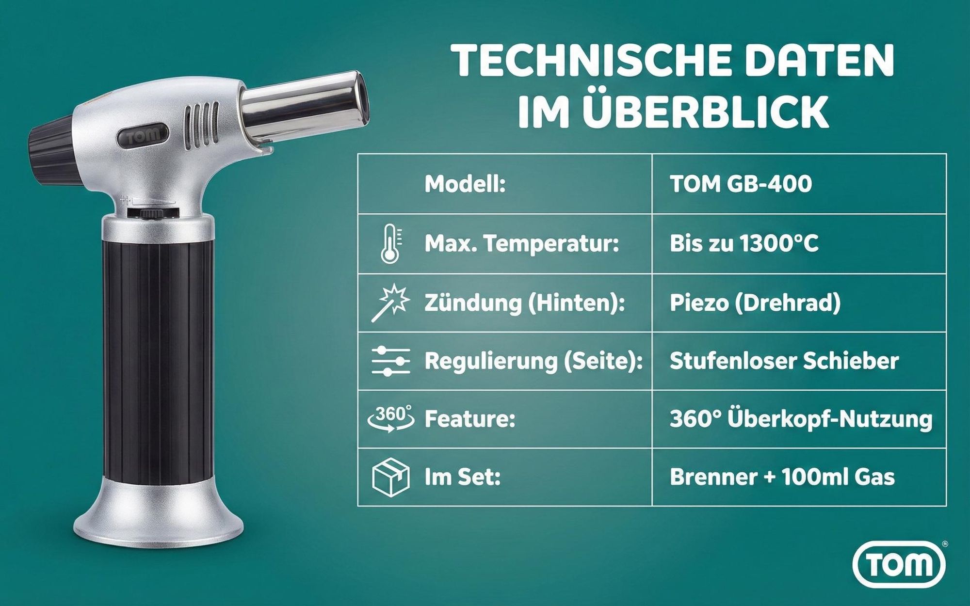 Flambierbrenner Crème Brulée Brenner Küchenbrenner Set | mit 1 x 100ml Gas Kartusche | 1300°C | Piezozündung Flambierer Gasbrenner TOM GB-400