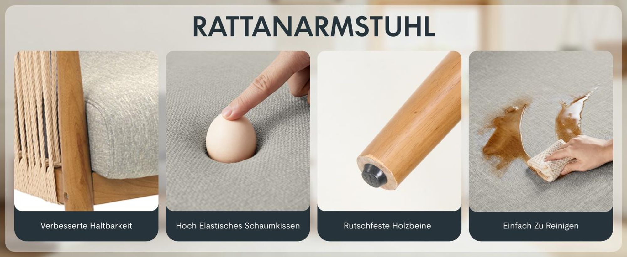 FLEXISPOT Relaxsessel handgeflochten, Vielseitiger Indoor & Outdoor Stuhl mit komfortablen Kissen, Boho Rattanstuhl mit atmungsaktivem Design Beige