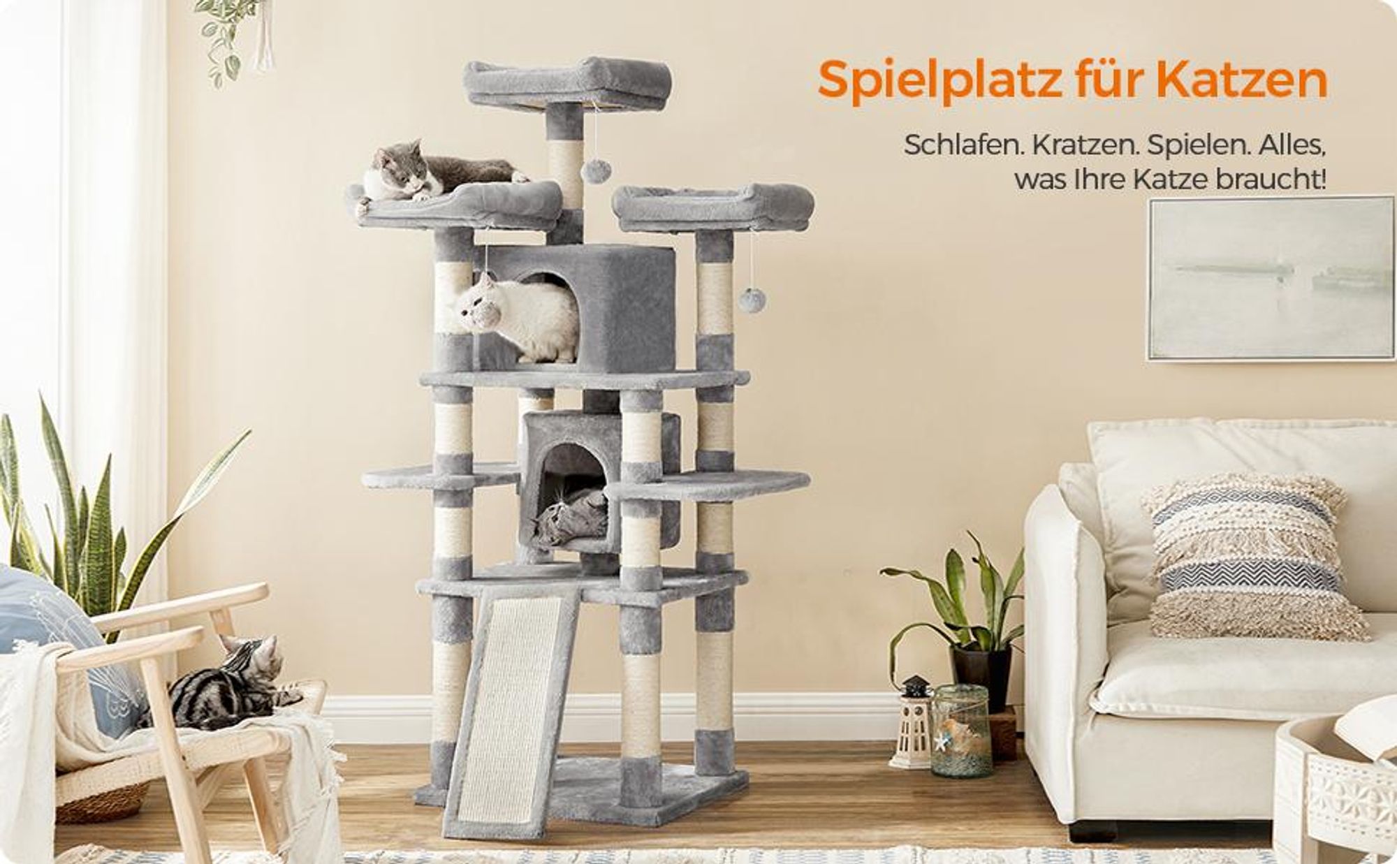 FEANDREA Kratzbaum, 170cm, stabil, mit extra dicken Sisalstämme hellgrau