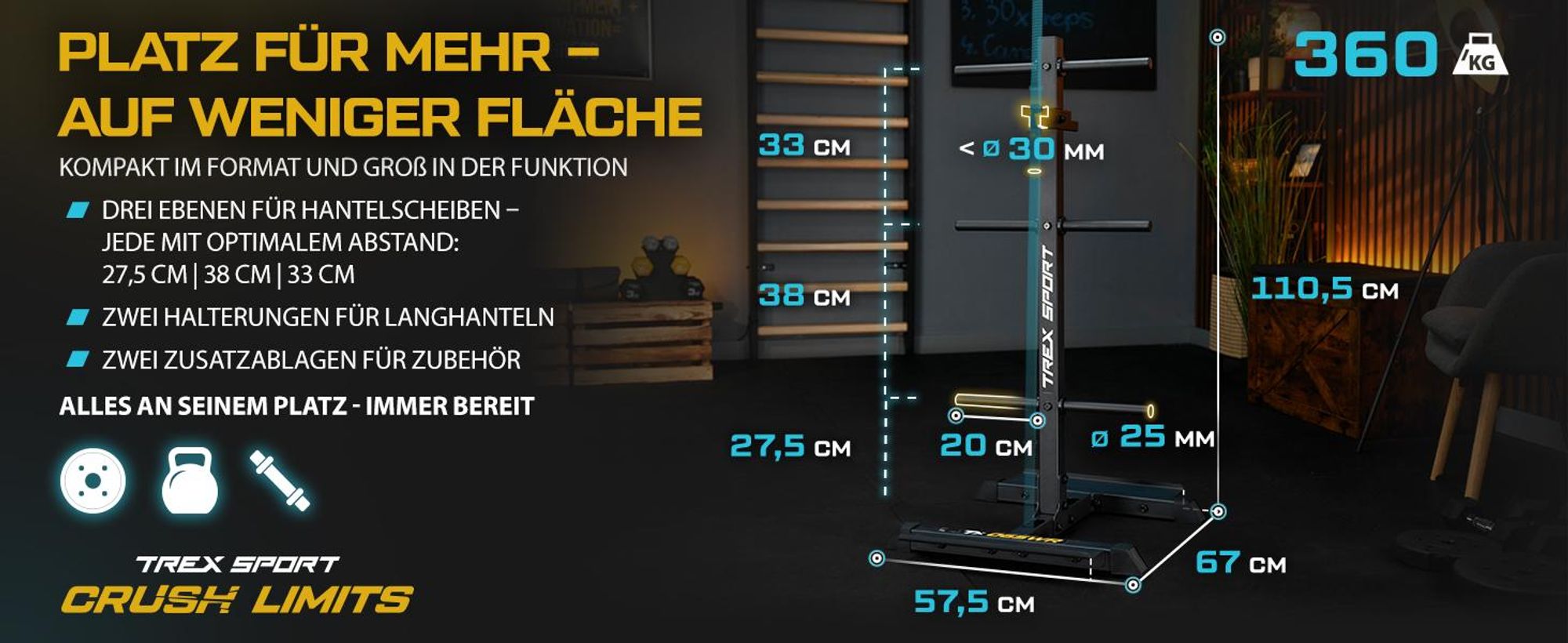 TREX SPORT Hantelscheibenständer TX-065WR | Stabil, rutschfest, bis 360kg |Stahl Langhantelständer für Hantelscheiben, Hantelstangen, Trainingszubehör