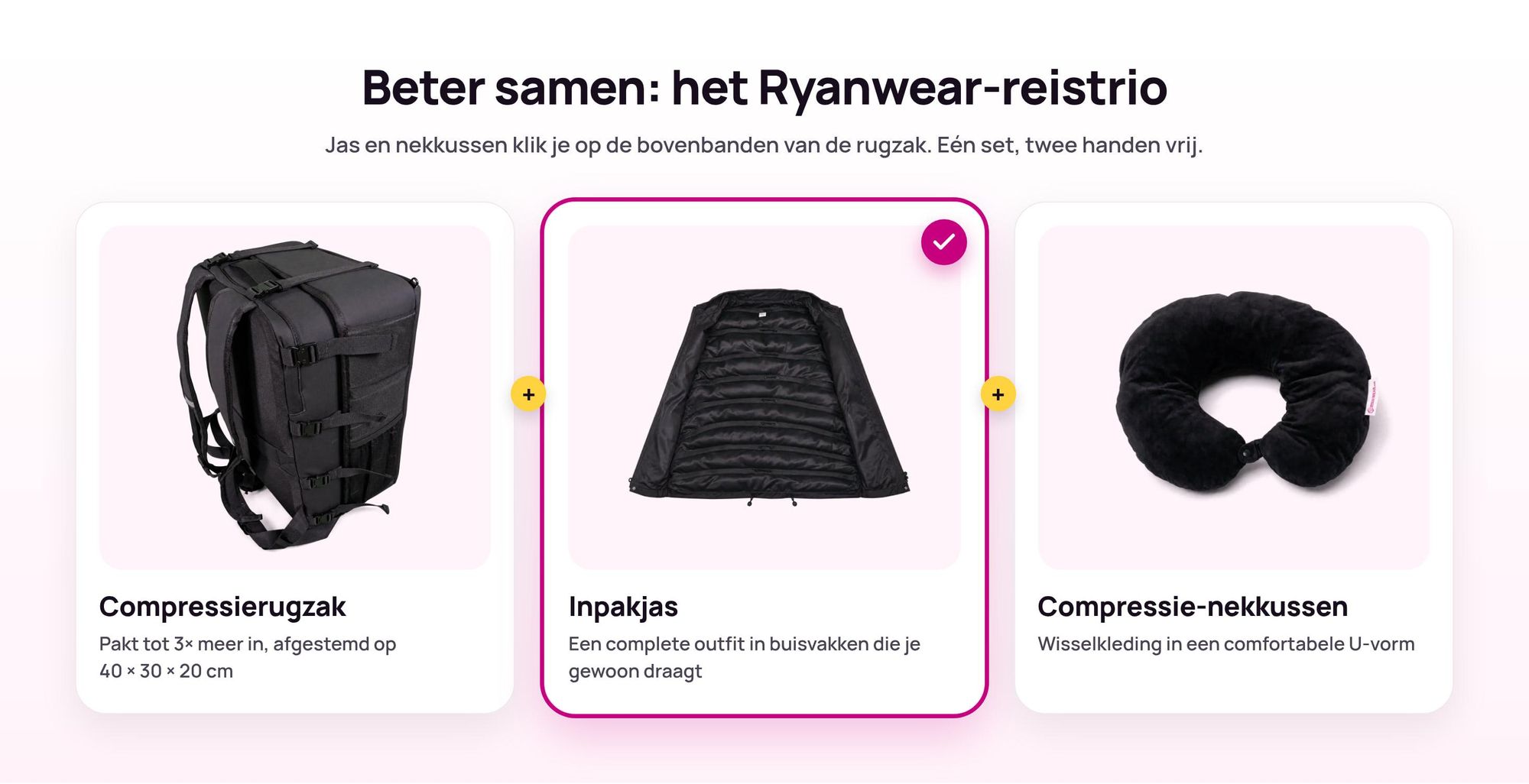 Ryanwear Compressierugzak met de Inpakjas en het Compressie-nekkussen bovenop vastgeklikt