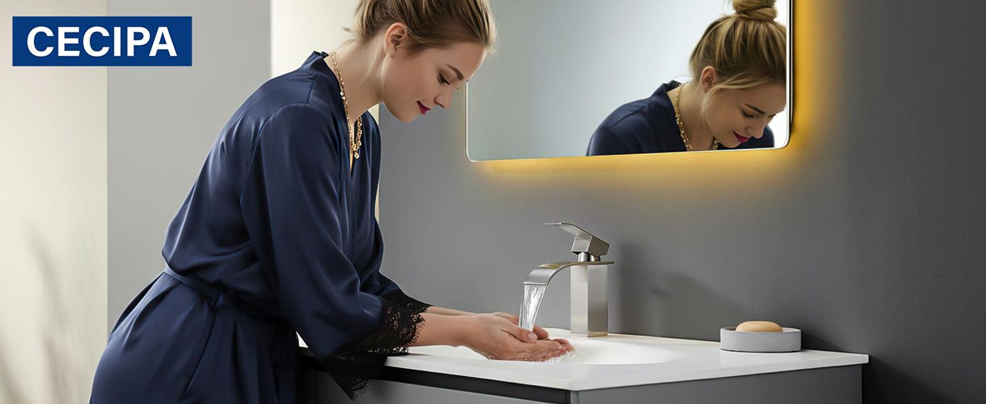 Wasserfall Waschtischarmatur, 304 Edelstahl Gebürstet, Bleifrei Kalt Warm, Cecipa, Badarmatur Mischbatterie, Wasserhahn Bad, Waschbeckenarmatur Silber