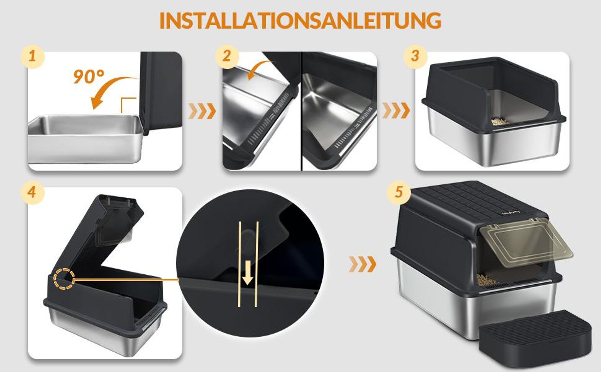 Katzenklo Edelstahl, XXL Katzentoilette, Schwarz Geschlossene Groß Katzenklo, mit Schaufel und Fußstufe, 120° Klappdeckel, Herausnehmbar