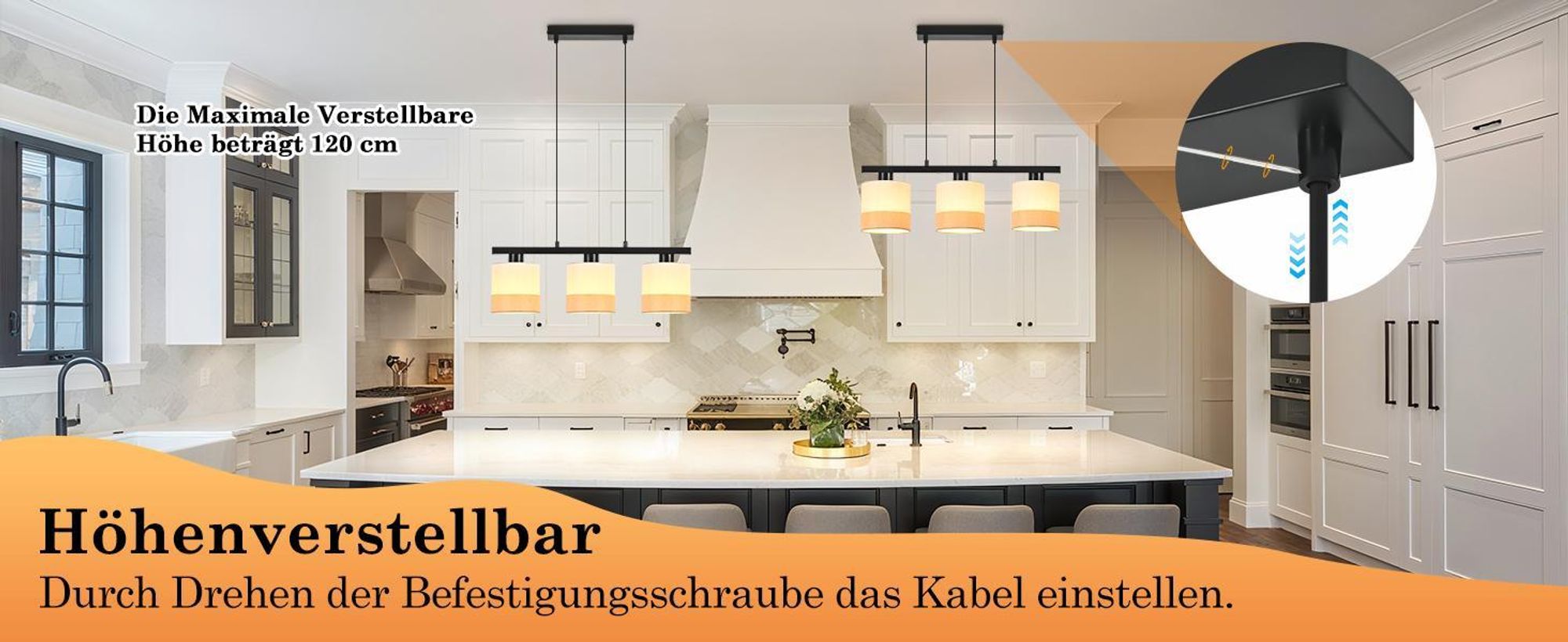 ZMH Esstisch Pendelleuchte 3 flammig Vintage Hängelampe Weiß Stoffschirm Esstischlampe Höhenverstellbar Pendellampe E27 Esszimmer (ohne Leuchtmittel)