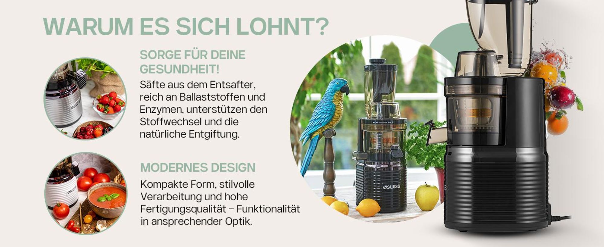 4Swiss Entsafter | Slow Juicer BM202 | Entsafter, Saftpresse, Kaltpressung | 40 U/Min, Ultem-Schnecke, XXL-Einfüllschacht, Leise, BPA-frei