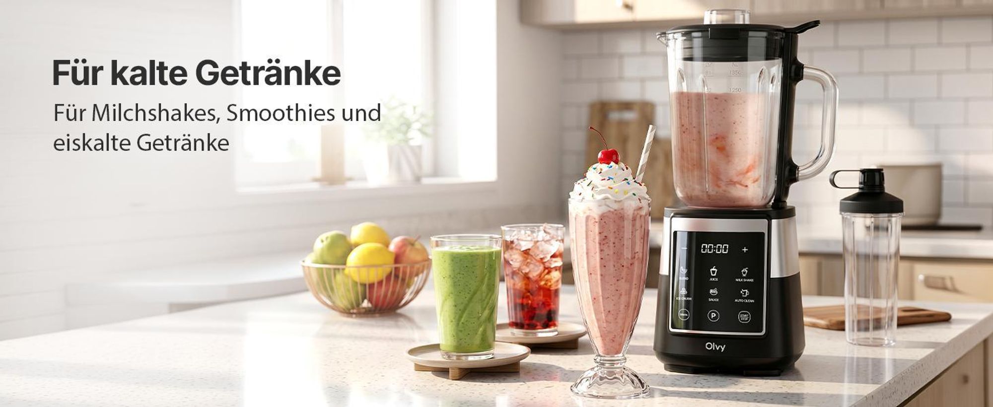 Olvy Standmixer, 1,5 L Glasbehälter mit 600ml Tritan-Becher, Touchscreen-Mixer mit Pulse-Funktion & Auto-Clean, Smoothie Maker und Ice Crusher