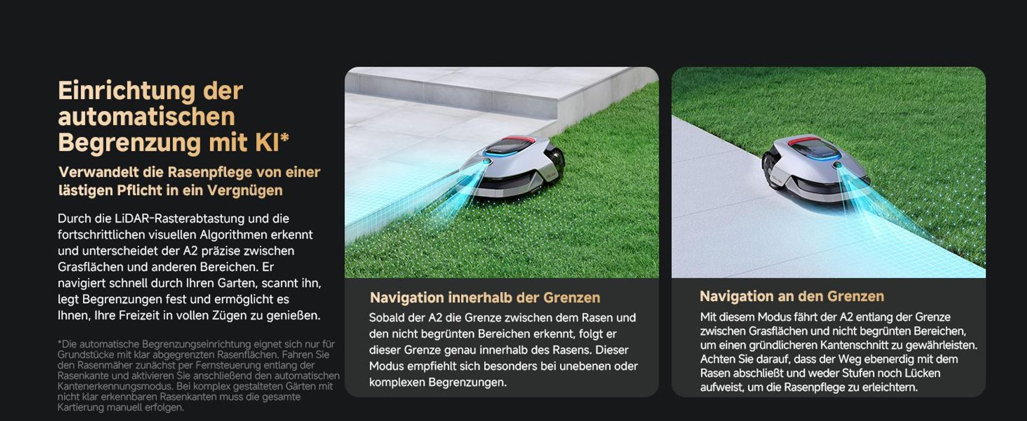DREAME A2-1200 Akku-Mähroboter mit RKT,1200m²,360° 3D-LiDAR&KI-Vision,26,5° Steigung,U-förmige Mähbahn,5cm EdgeMaster Präzisionsschnitt,Dual-Map,App