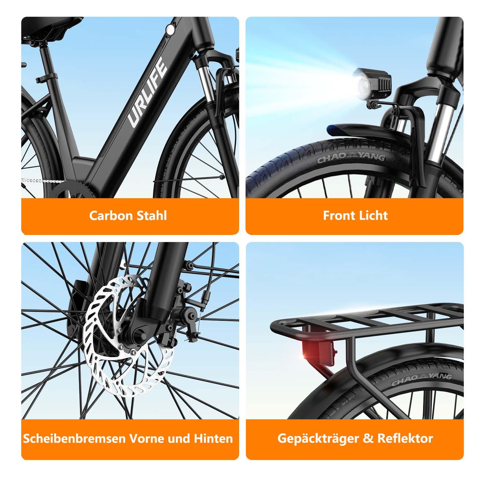 Elektrofahrrad URLIFE E26 - 250W Motor 36V 13Ah Batterie 26 Zoll Reifen Scheibenbremse - Schwarz