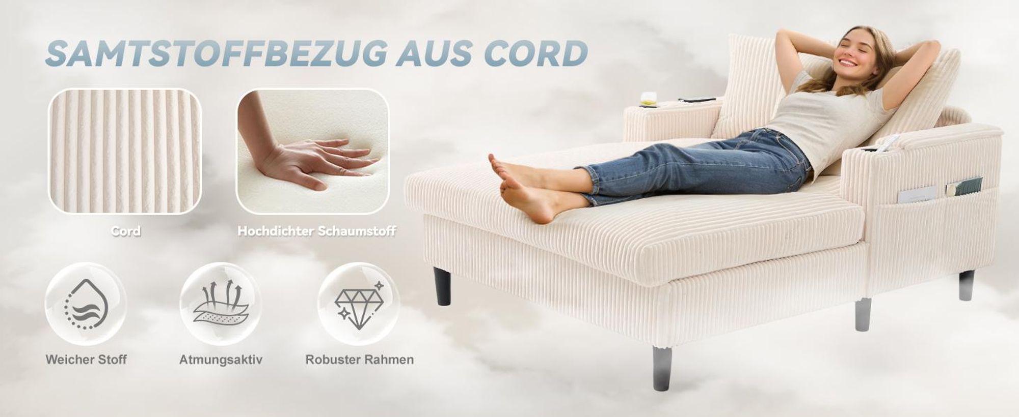 LVHOM Schlafsofa mit LED & USB, Chaiselongue mit Becherhalter & Stauraum, großes Einzelsofa bis 300kg belastbar, inkl. 3 Kissen, 129x170cm, Grün