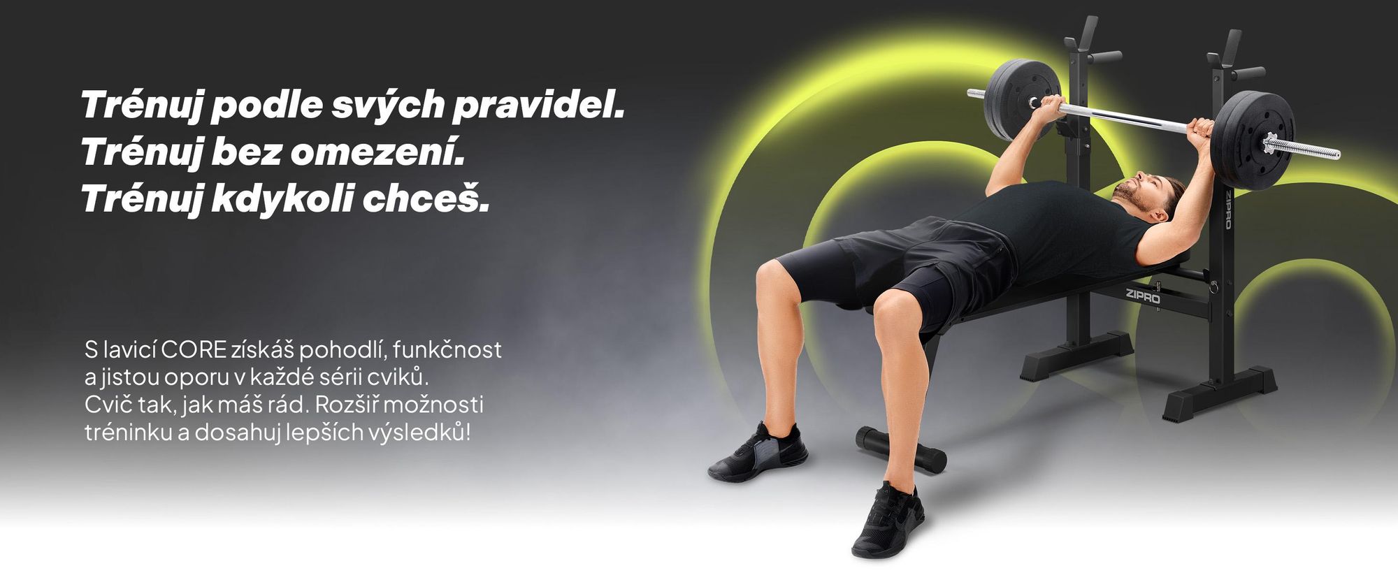 Zipro posilovací lavice s držákem na činky Core – skládací lavice pro bench press Plochá lavice s hrazdou pro dipy Nosnost až 230 kg Úspora místa