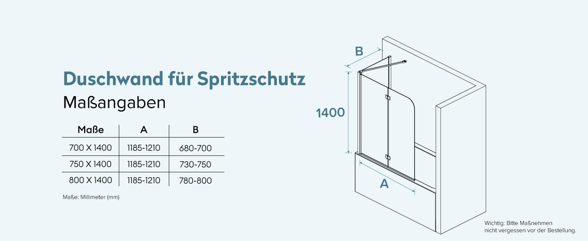 doporro 70x120x140cm Design-Duschwand für Badewanne Badewannenaufsatz Duschabtrennung 6mmESG-Sicherheitsglas inkl.NANO-Beschichtung Badewannenfaltwand