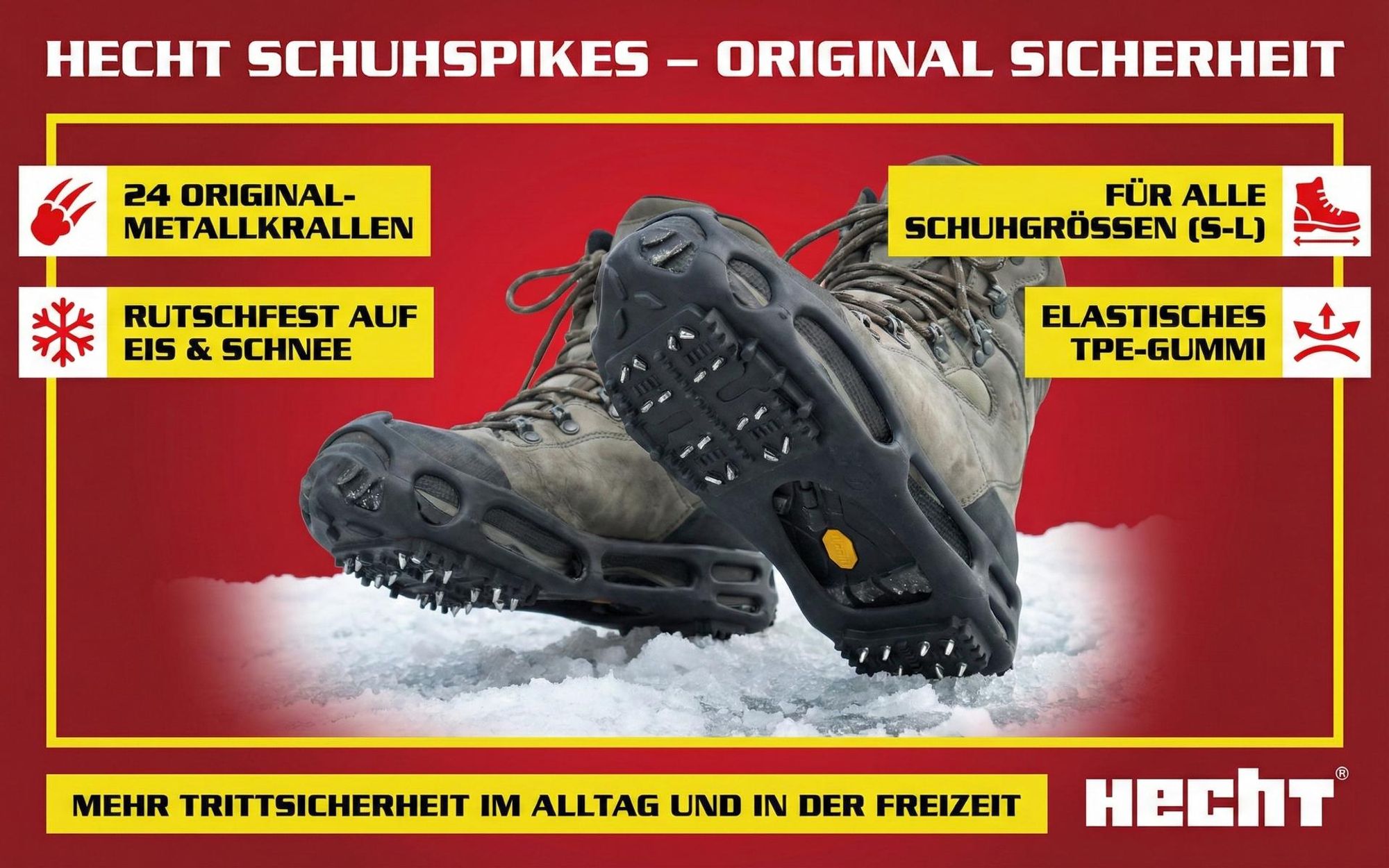 HECHT Schuh Spikes Schuhkrallen | L 43 - 46 | 24 Metallkrallen | Flexibles Gummi