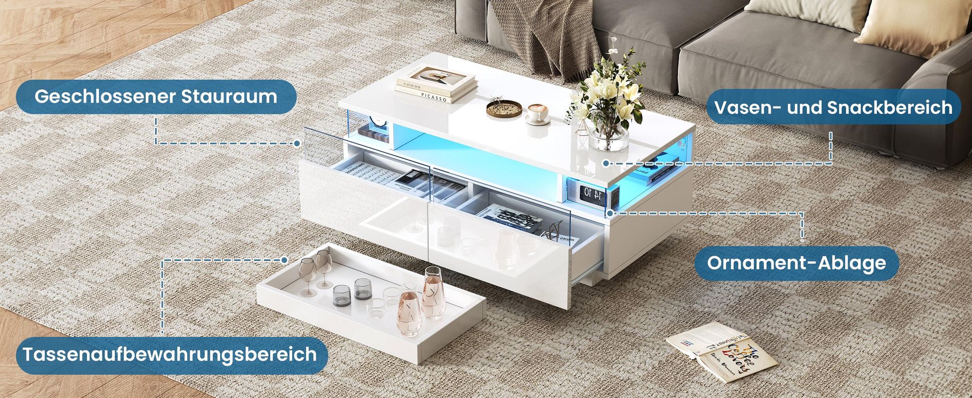 MODFU Couchtisch weiß mit 2 Schubladen,Kaffeetisch Sofatisch mit stauraum und LED-Licht,Hochglanz-Beistelltisch aus gehärtetem Glas,90×45×35.5cm