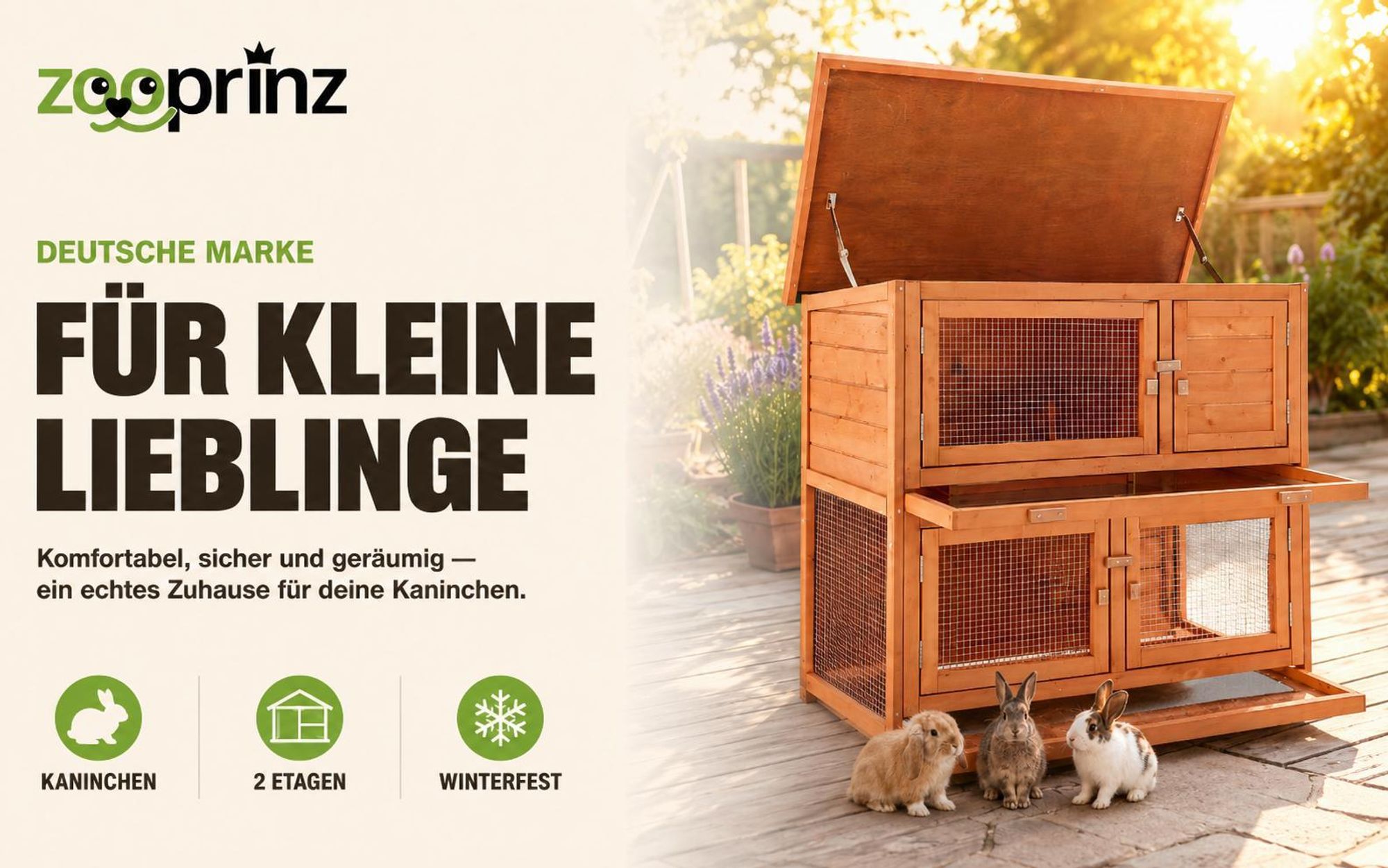 zooprinz Hasenstall Mukkel Wetterfest 2-Etagen Klappdach lasiertes Massivholz 104x94x55cm (BxHxT)