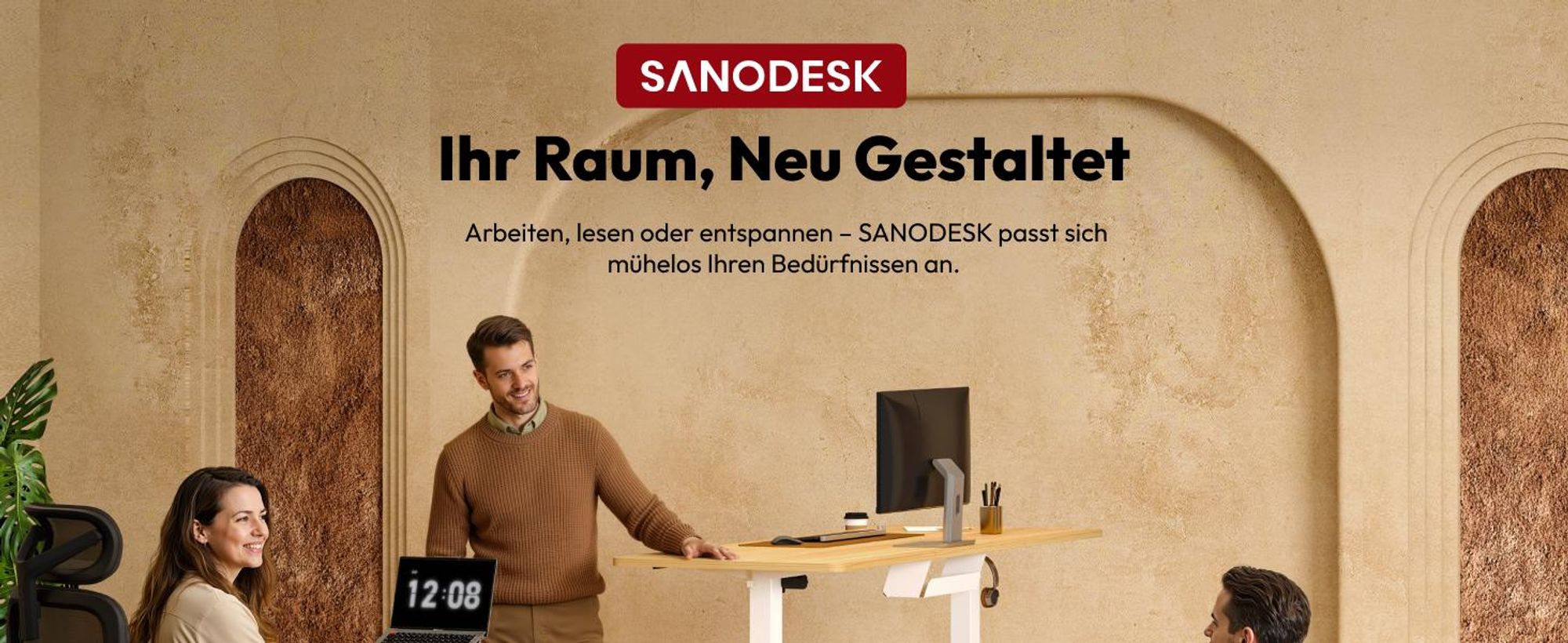 SANODESK QS1 Höhenverstellbarer Schreibtisch, EINTEILIGE TISCHPLATTE, 4 Memory-Funktion, 70 kg Tragkraft, Haken, Kabelmanagement, 110x54cm (Ahorn)