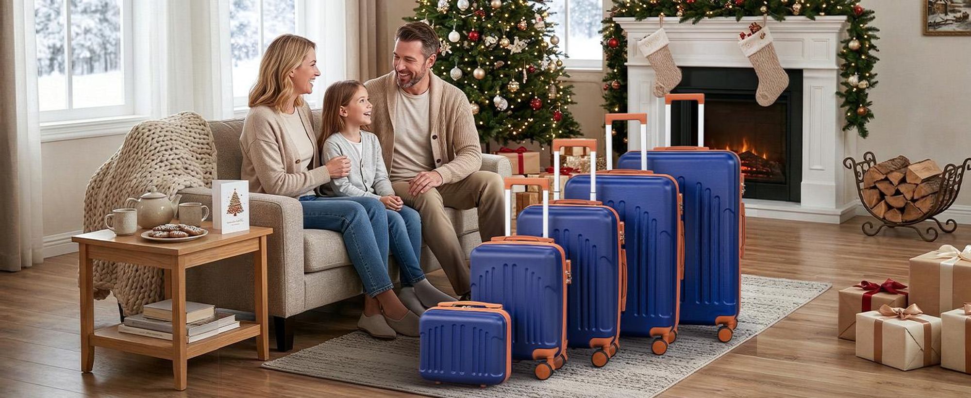 FCH Kofferset, 5tlg. Hartschalen Reisekoffer & Trolley Set S-M-L-XL + Handtasche, 360° Rollen, Dunkelblau