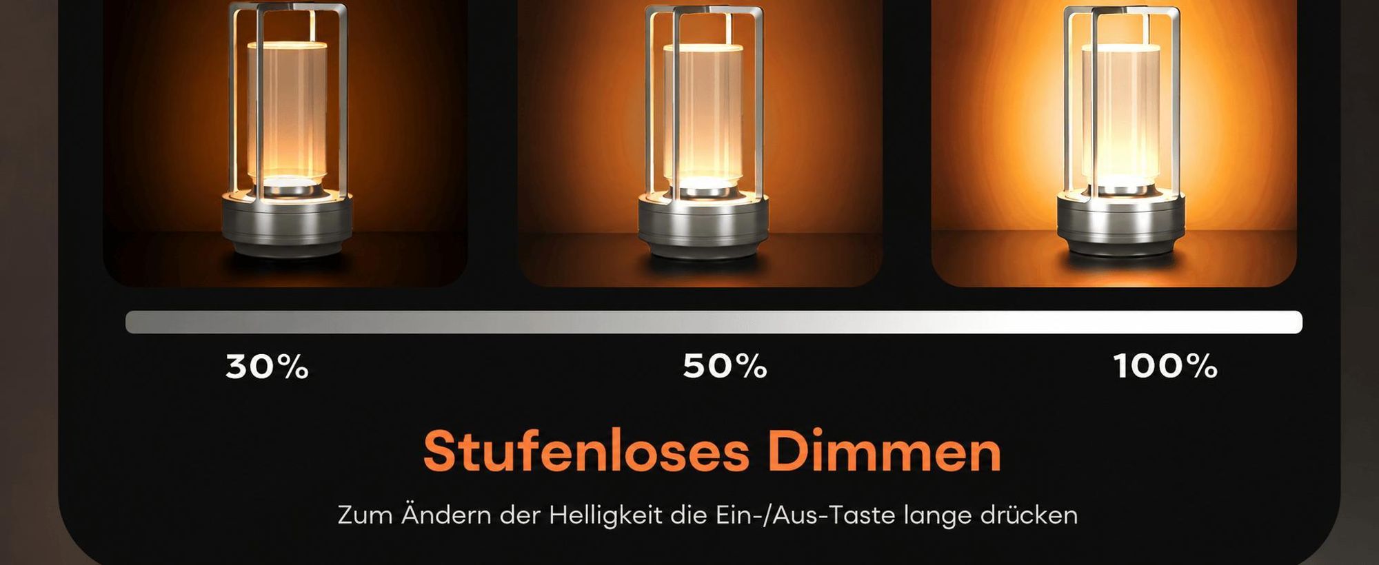 Tragbare Innen-/Außentischlampe aus Metall, kabellose wiederaufladbare LED-Lampe, 3 Farben stufenlos dimmbar, Beleuchtung für Restaurant/Schlafzimmer