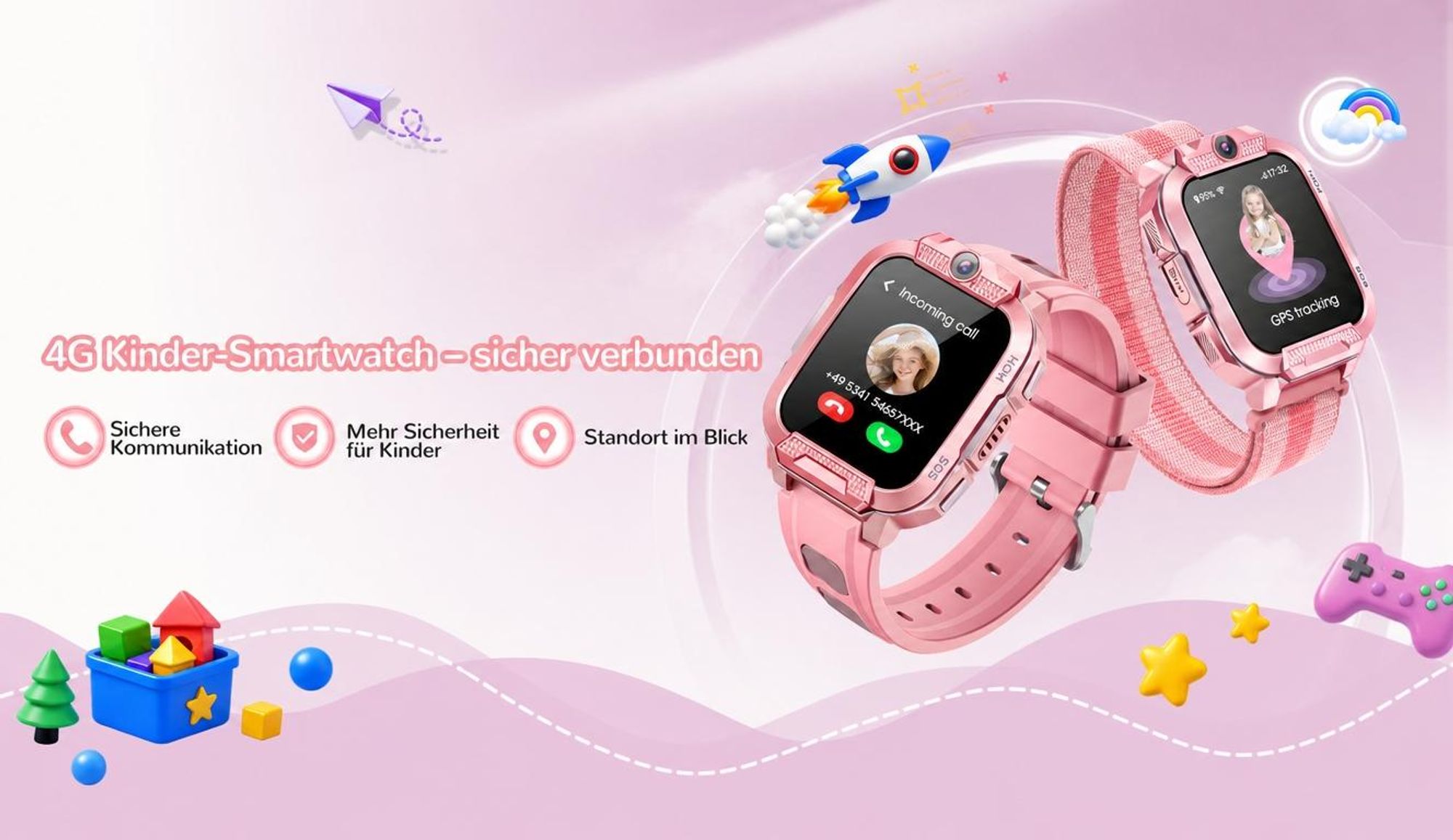 2026 4G Kinder Smartwatch mit GPS Telefon Video SOS für Jungen Mädchen Smartwatch 4-fache Ortung (GPS, WLAN, LBS, AGPS), Sicherheitszonen, Eltern App