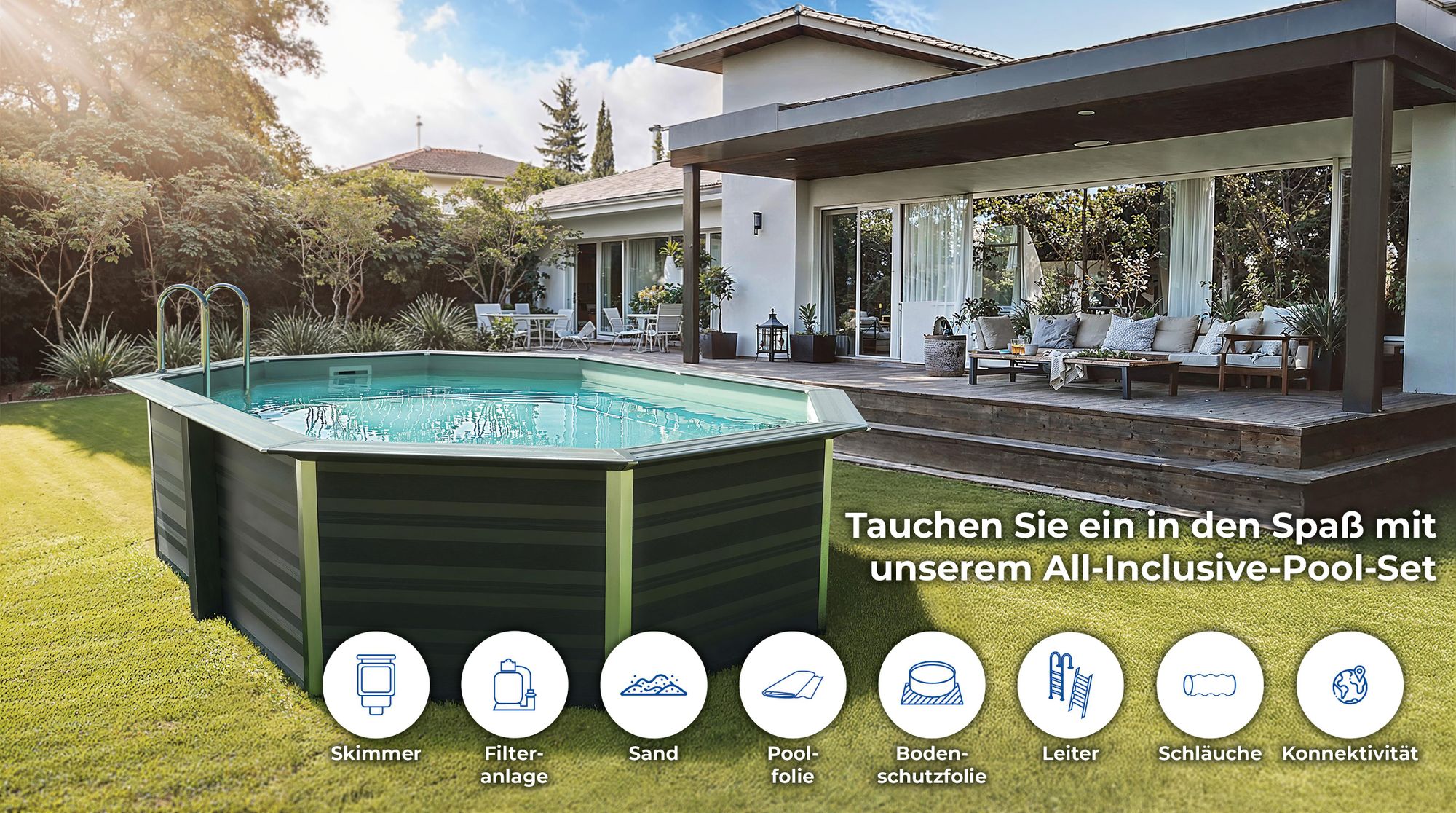 GRE Ovaler Composite-Pool KPCOV66L + LED – 664 x 386 x 124 cm, Komplettset
