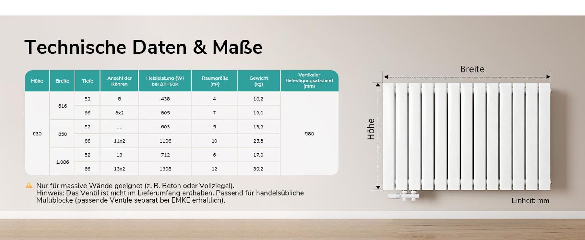 EMKE Heizkörper Flach 63 x 100,6 cm Doppellagig 1308 W Weiß Design Paneelheizkörper