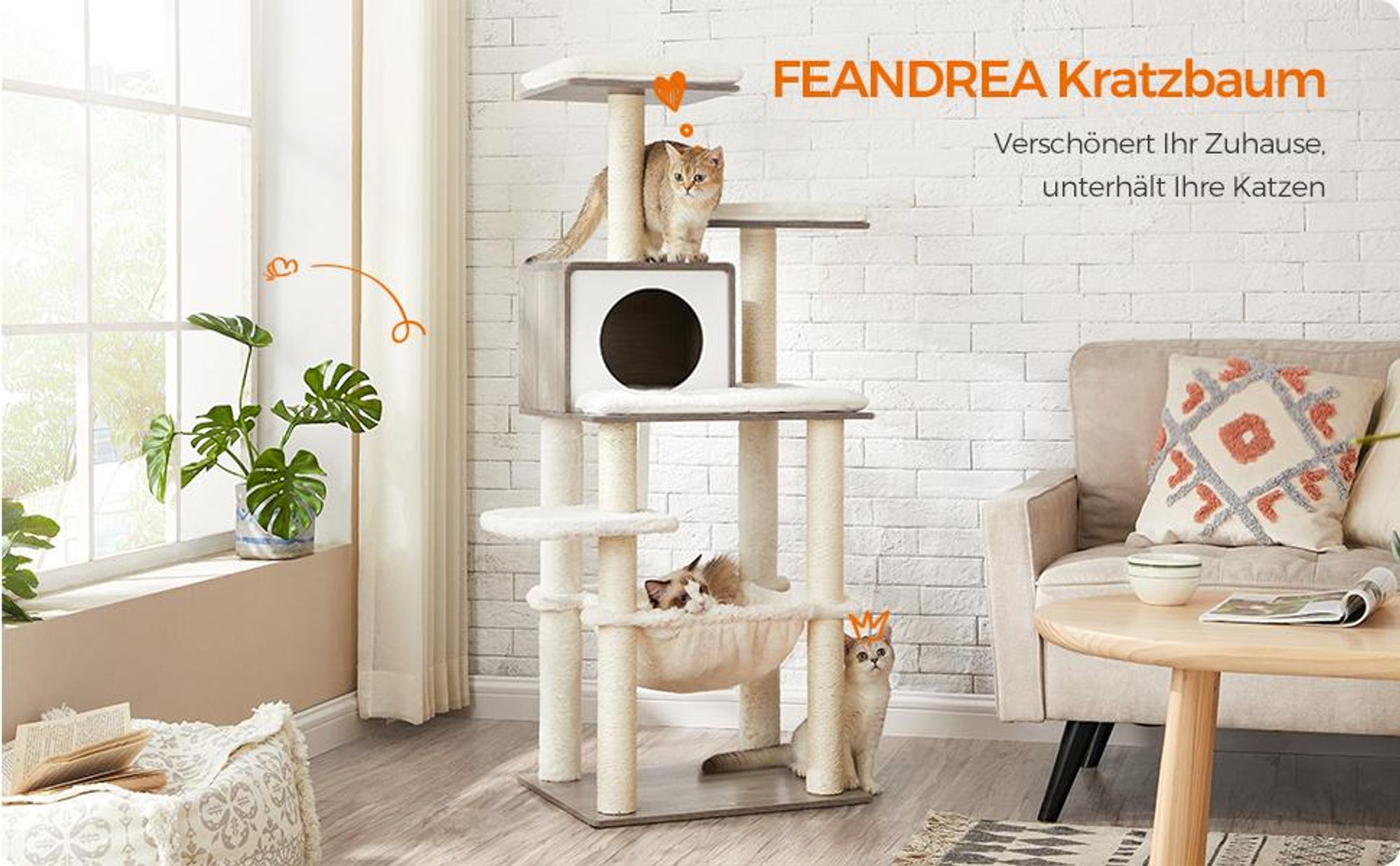 FEANDREA Kratzbaum, 500 g/m² Plüsch, 138cm, leicht reinigen, Stabilität, modern greige
