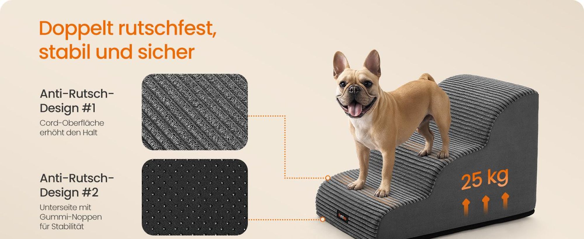 Feandrea Hundetreppe, 3 Stufen, Cord mit Querstreifen, Haustiertreppe, für Bett, Sofa, wasserdicht, rutschfest, geringe Neigung