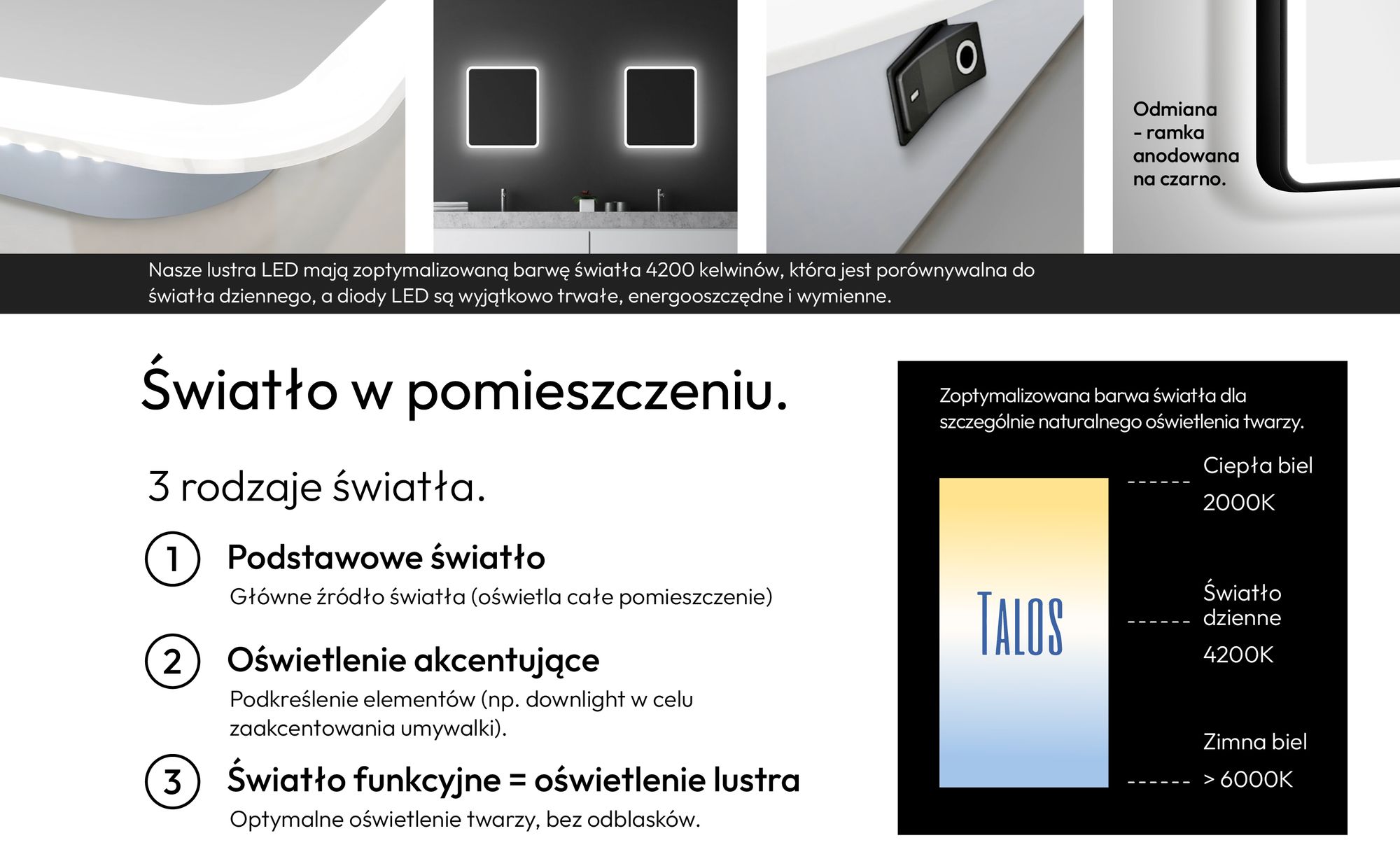 Lustro łazienkowe z oświetleniem TALOS Moon LED 120x70 cm - odporne na wilgoć dzięki aluminiowej ramie - jasny, neutralny biały kolor