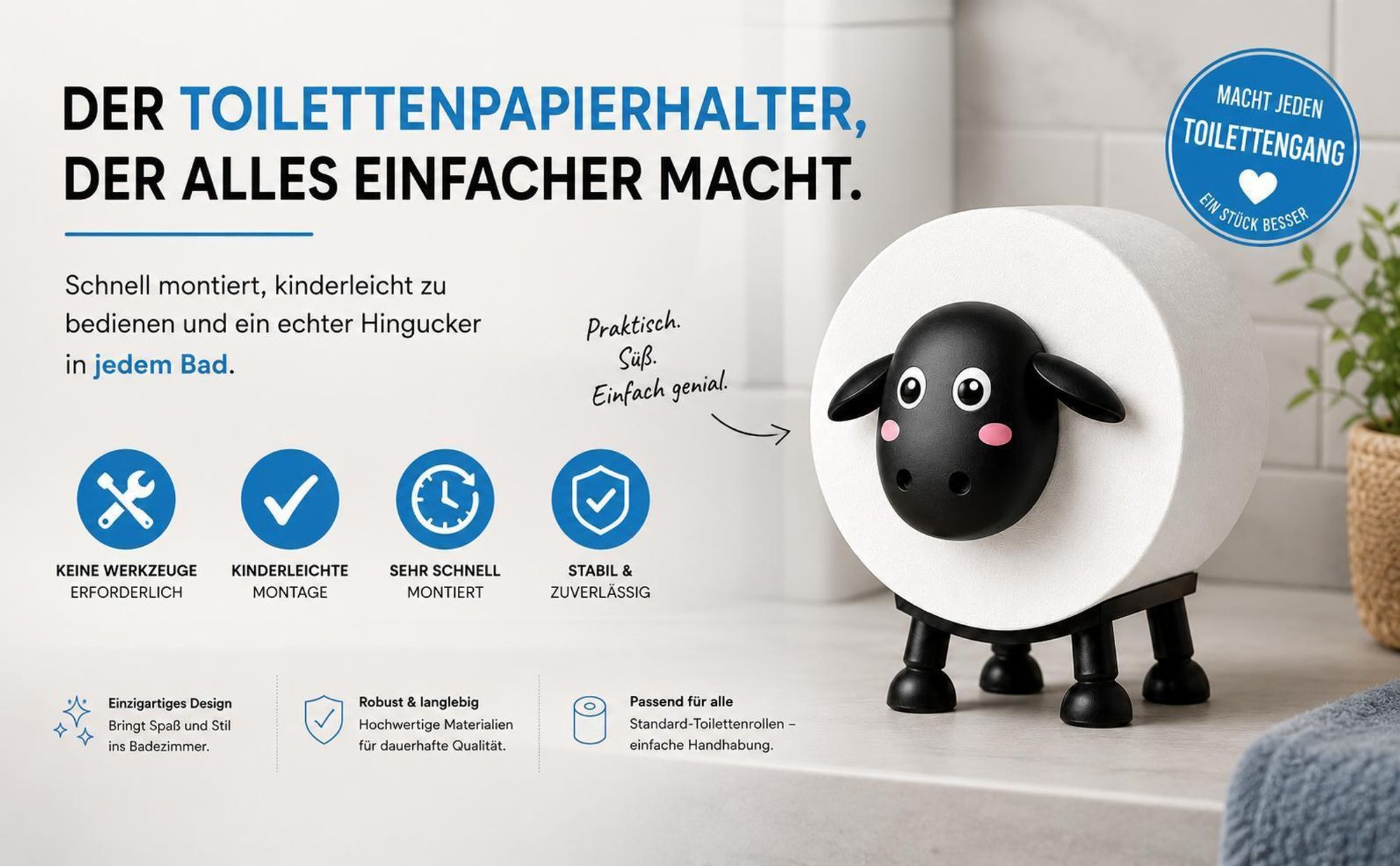 WC Rollenhalter Schaf – Lustiger Toilettenpapierhalter als Deko für Badezimmer | Kreatives Rollenregal in Tierform für 1 Rolle – Schaf Deko schwarz