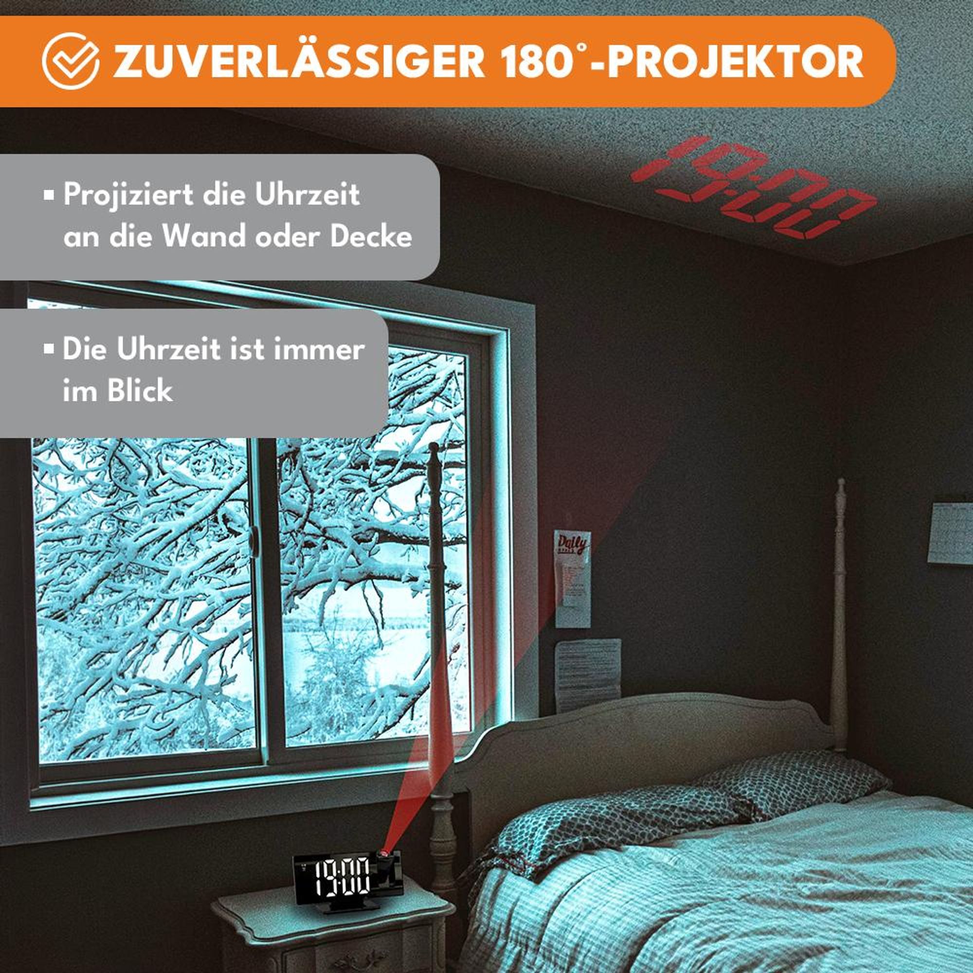 KRUMAD Projektionswecker Digital, Radiowecker mit Projektion, LED Uhr, USB Ladefunktion, 12/24 Stunden Anzeige, Snooze Funktion, Wecker Schlafzimmer