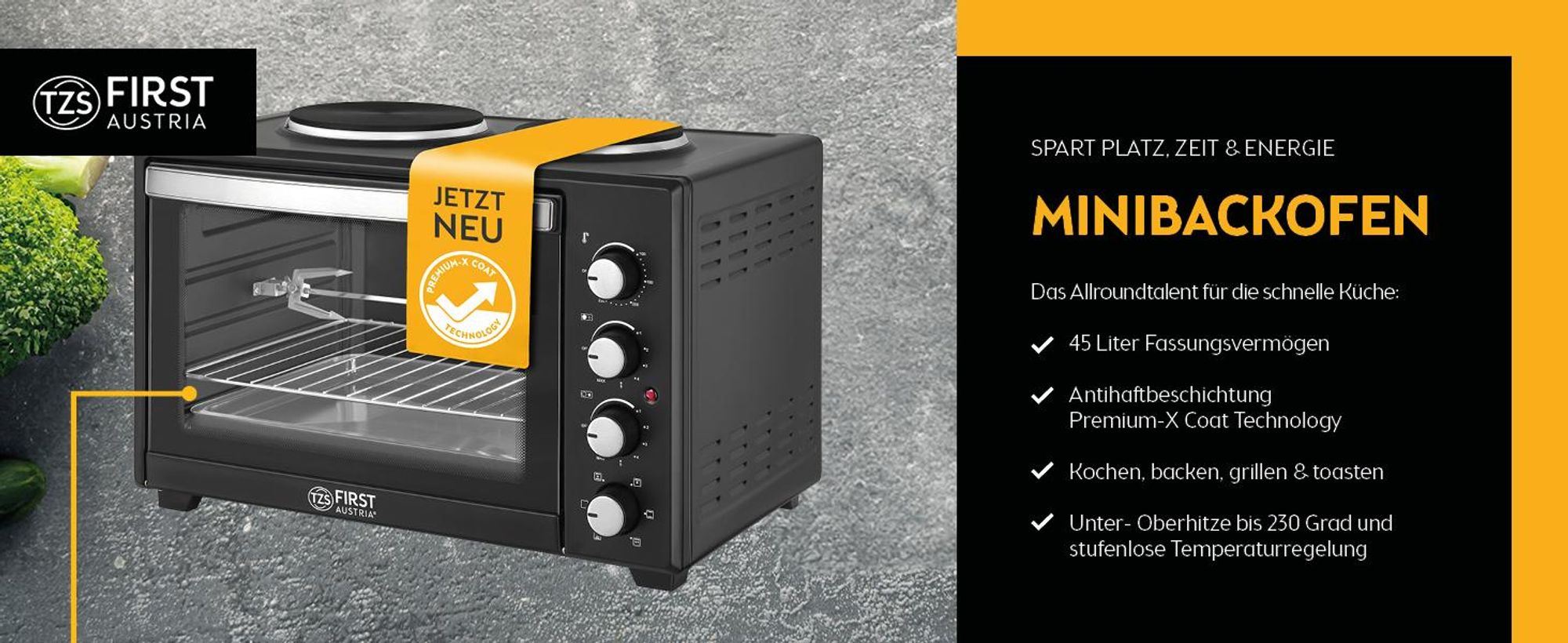 TZS First Austria - Mini Backofen mit Kochplatten 45L 3200W - Premium-X Coating - Temperaturregelung bis 230°C - 3 Einschubhöhen