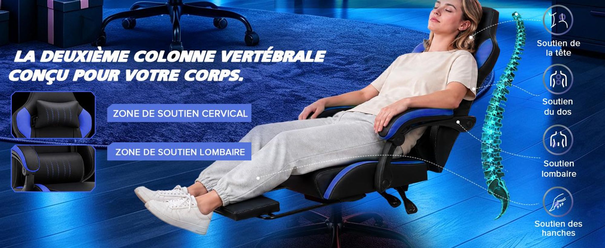 GTPLAYER Fauteuil gaming, chaise de bureau avec repose-pieds, fauteuil gamer ergonomique avec accoudoirs intégrés, chaise de bureau réglable en hauteu