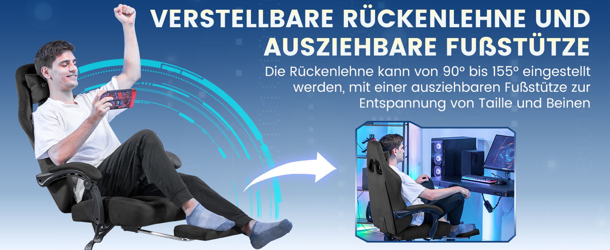 GTPLAYER Gaming Stuhl Ergonomischer Gaming Sessel Schreibtischstuhl Bürostuhl mit Stoffoberfläche Federsitzkissen, Verbindungsarmlehnen, mit Fußstütze