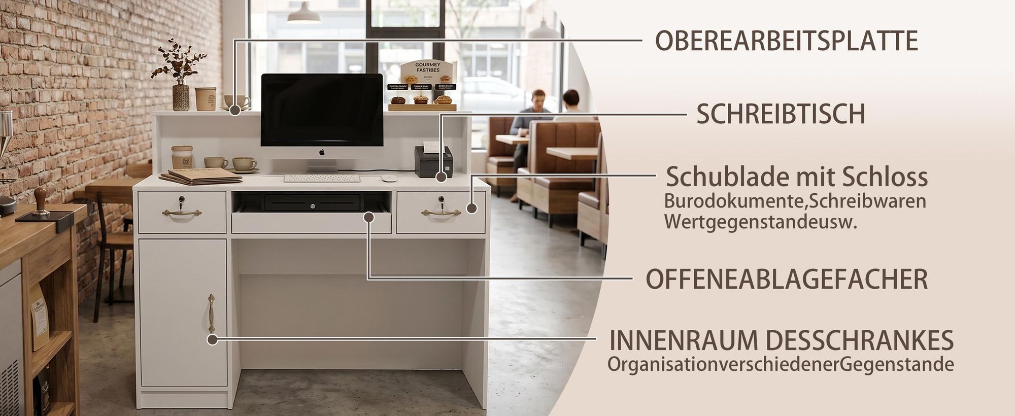 Empfangstheke mit LED-Beleuchtung, Rezeptionstresen mit Tastaturschublade, Große Empfangstheken, Weiß, MDF, 120 x 100 x 50 cm