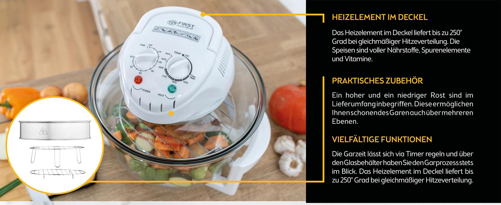 TZS First Austria - Halogenofen 1200-1400W aus Glas & Edelstahl - Minibackofen mit Umluftfunktion & Zubehör, Temperaturbereich: 65-250°C - Halogen Ofen Mini Backofen 12-17L Kapazität & 60 Min. Timer