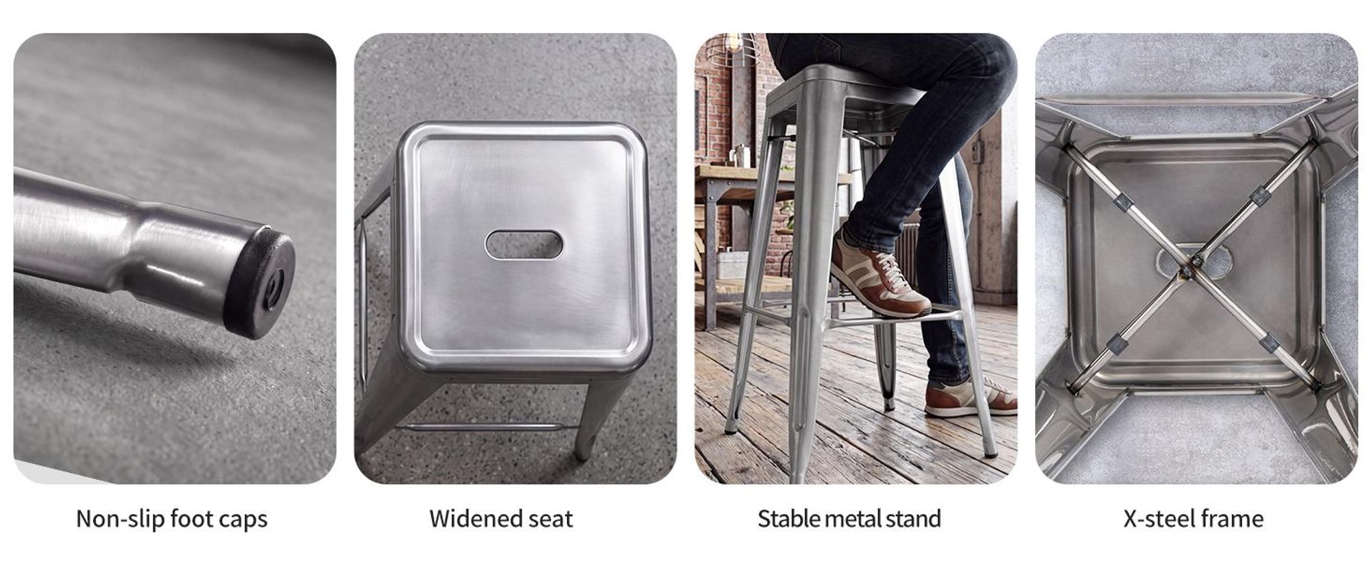 4 stuks barkrukken van metaal, keuze uit verschillende kleuren, met een gebruikte uitstraling. Zitting van hout. Stapelbaar. Kleur: Metallic. Materiaal: Metaal