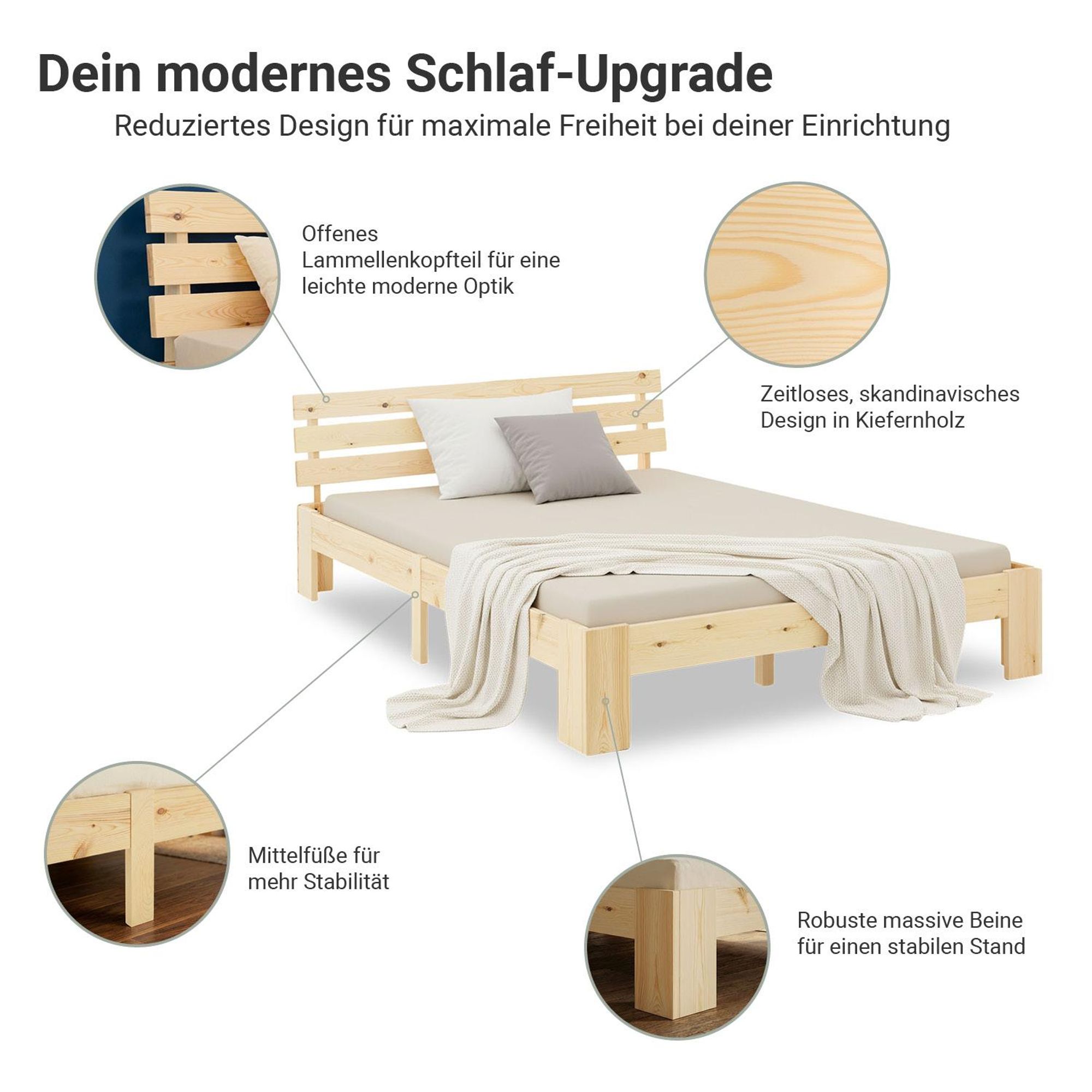 Auf dem Bild werden die Merkmale vom Bett gezeigt.