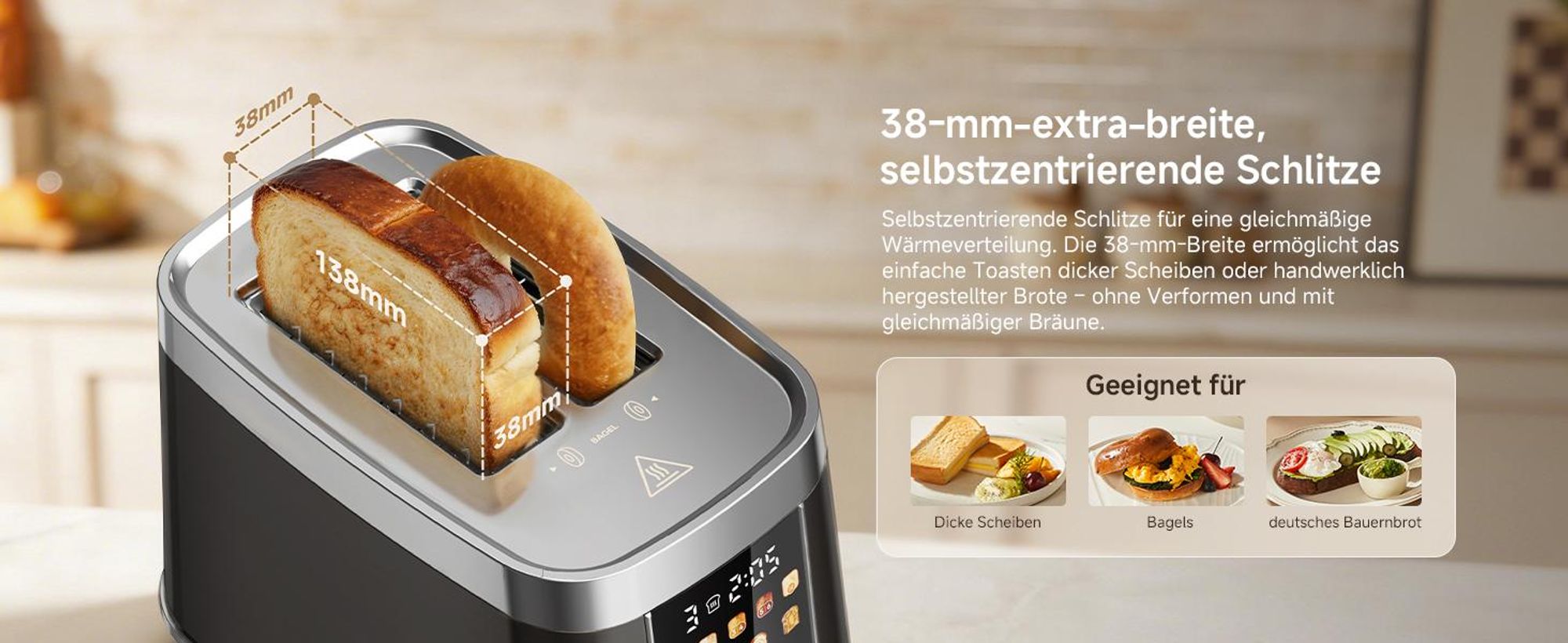 Dreame Smart Toaster 2 Scheiben,5,3-Zoll-IMD-Touchscreen,Motorisiertes Auto-Lift-Design,8 Brotprogramme&6 Bräunungsstufen,3 praktische Funktionen