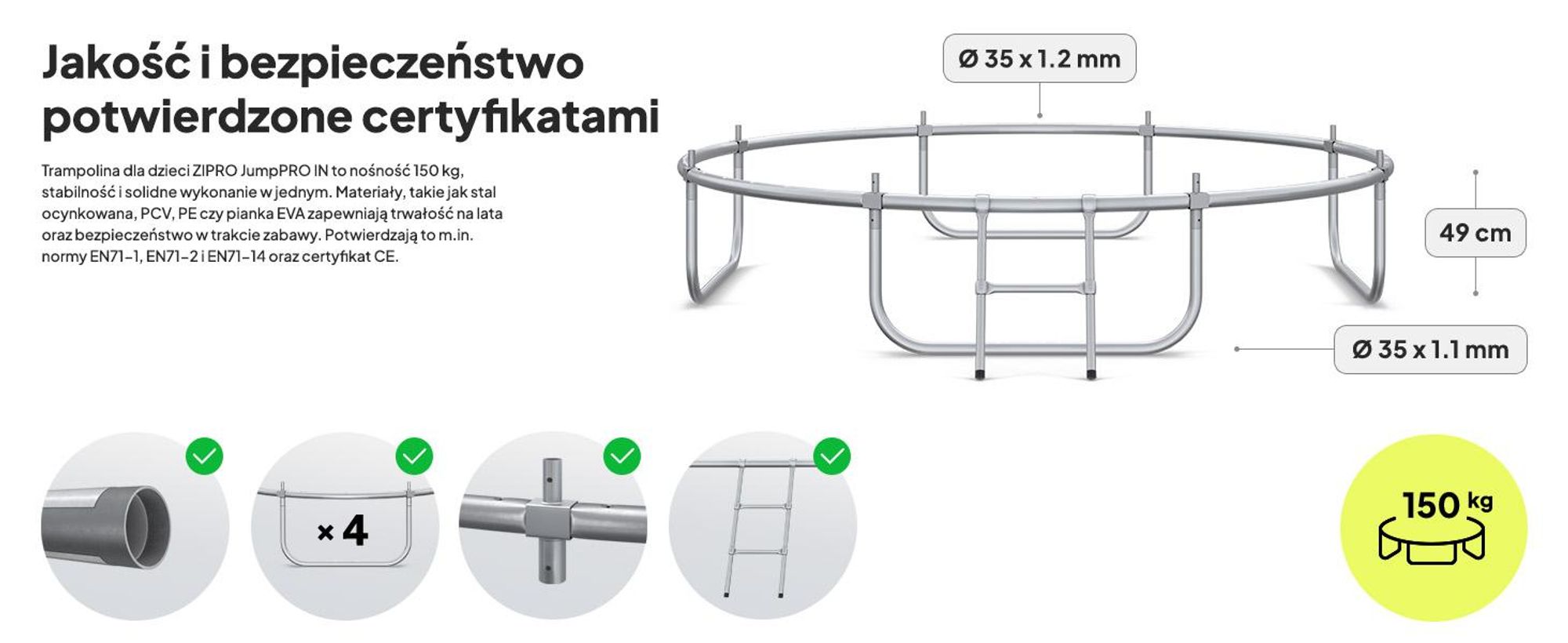 Trampolina ZIPRO Jump Pro IN | 8FT Ø 252 cm | Trampolina ogrodowa dla dzieci Kompletny zestaw zawierający siatkę wewnętrzną, drabinkę i osłonę krawędziową, do użytku na zewnątrz, kolor zielony