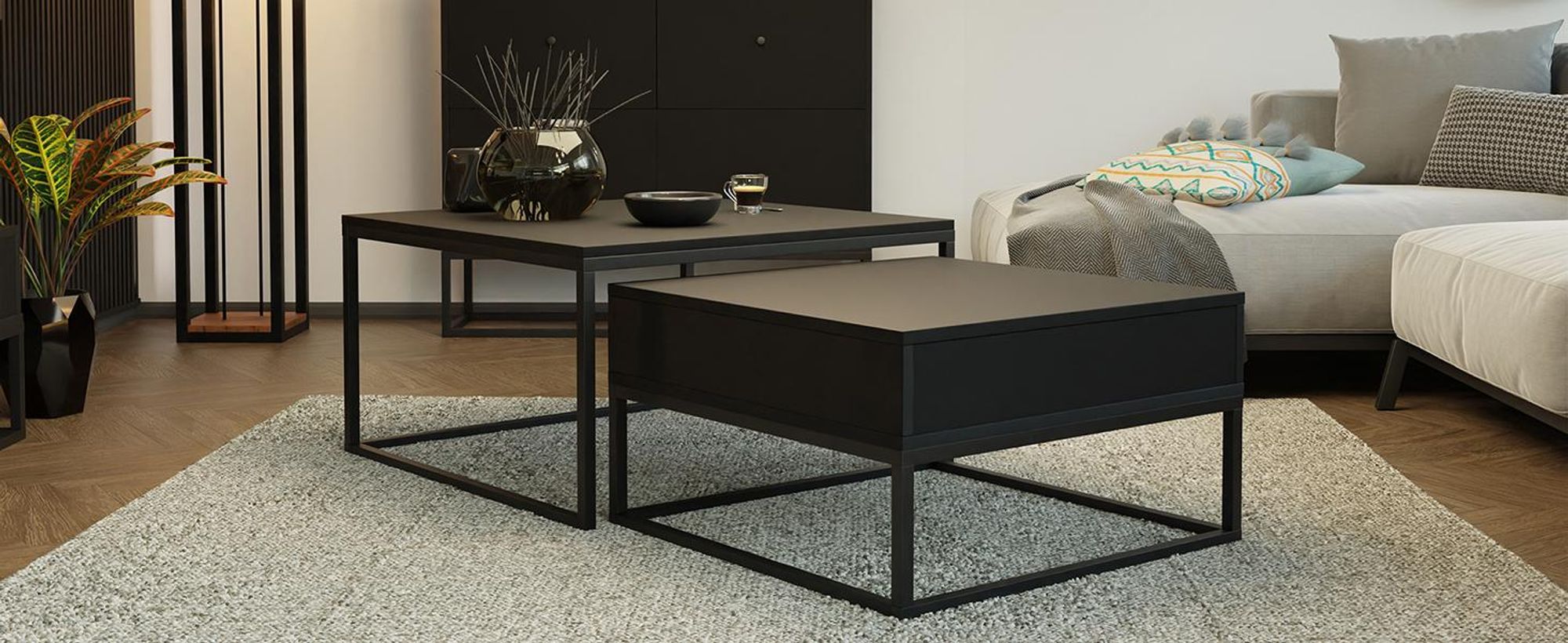 Idohome - Couchtisch 2er Set 2in1, mit Schublade und Stauraum, Push-to-Open, Metallrahmen, ELEGANT - Farbe Schwarz