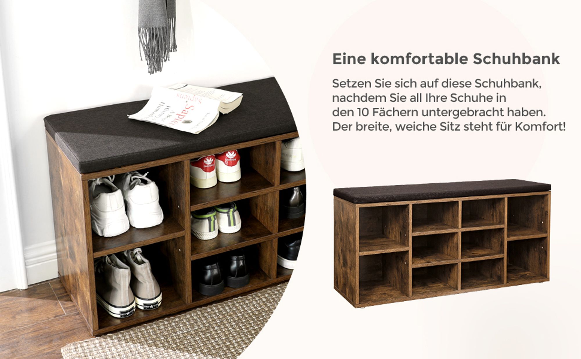 VASAGLE Schuhbank, Sitzbank, 10 Fächer, Länge 104 cm, Braun