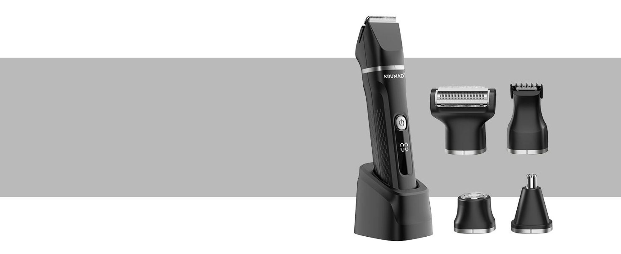 KRUMAD Haarschneidemaschine 6-in-1 IPX7 – Barttrimmer Herren, Elektrorasierer & Nasenhaartrimmer mit LED-Display – 120 Min Laufzeit & 4 Aufsätze