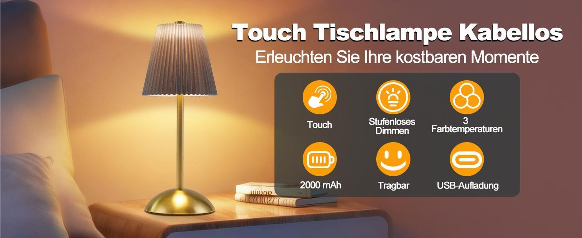 ZMH noční lampa sada 2 stolních lamp dobíjecí LED stolní lampa bezdrátová stmívatelná dotyková lampa do ložnice s USB látkové stínítko noční lampa