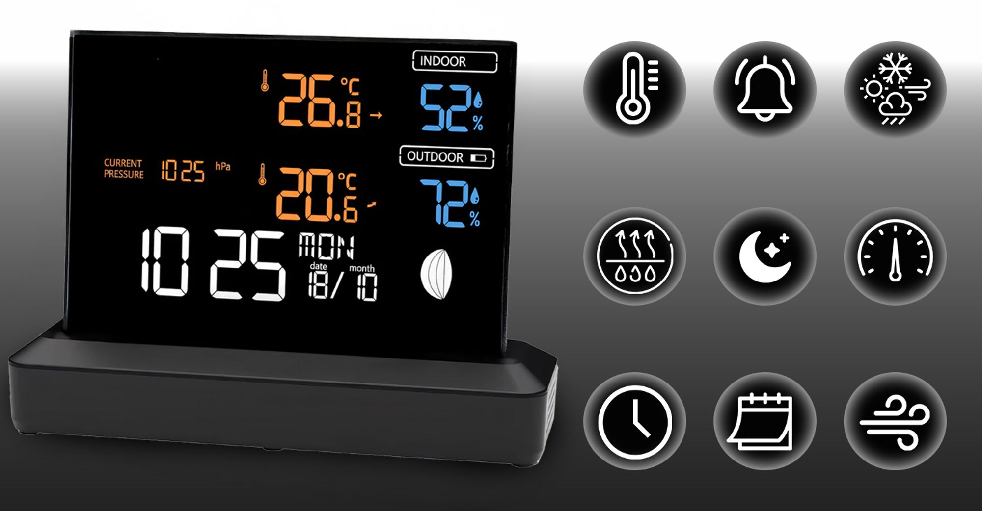 Funk-Wetterstation mit Wecker und Farbdisplay, Außensensor Schimmelwarner Hygrometer Barometer Datumsanzeige Mondphase Frostalarm Schwarz Retoo