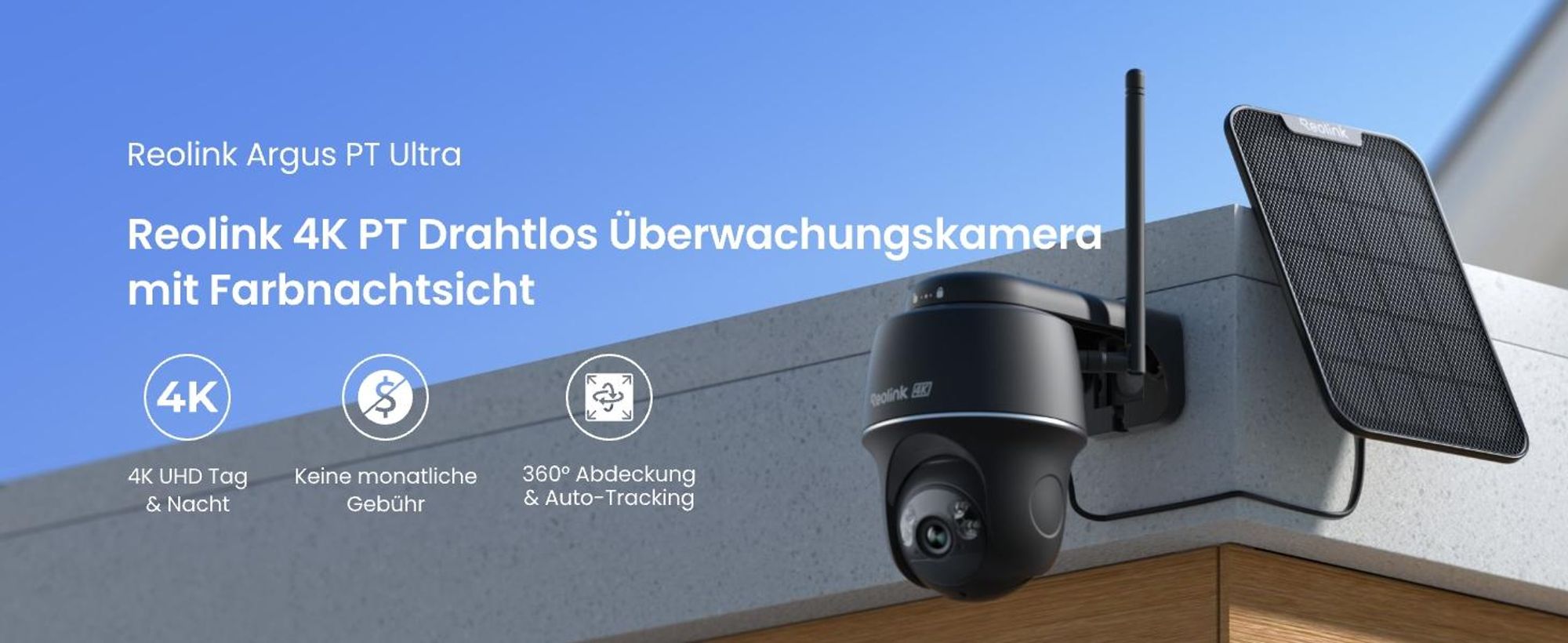 Reolink Argus PT Ultra + Solarpanel, 4K 8MP Akku Überwachungskamera Aussen, 2,4/5GHz WiFi, Auto-Tracking, Farbnachtsicht, Smarte Erkennung, Schwarz