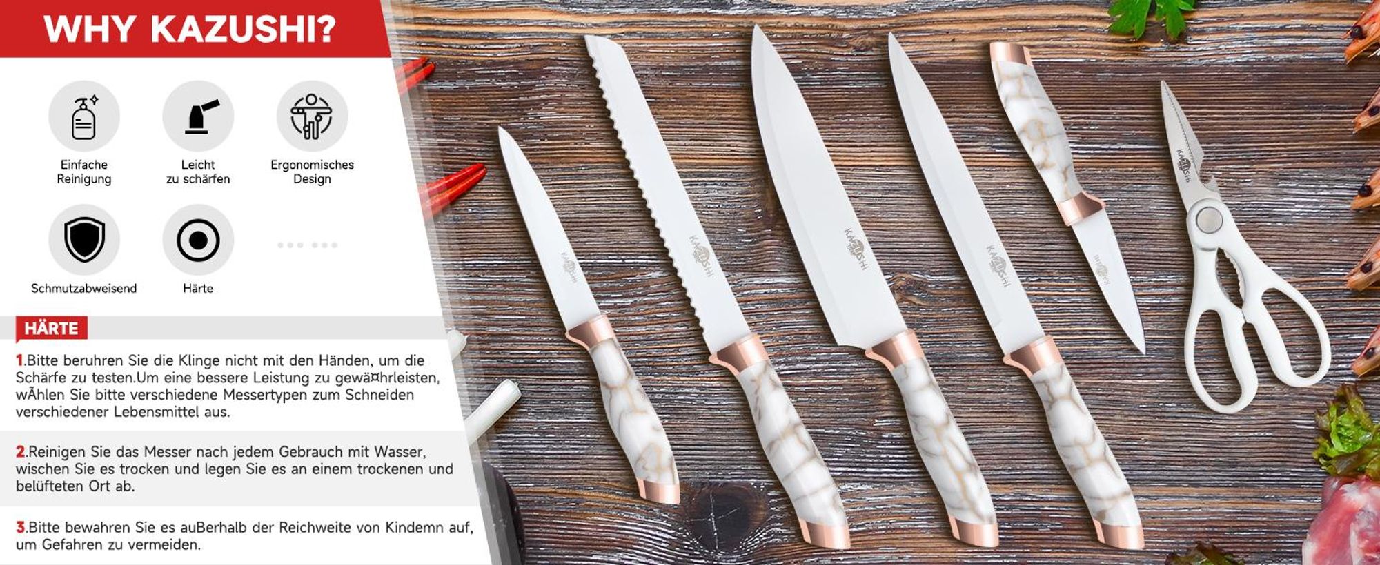 KAZUSHI Messerblock mit Messer 7-teilig, Selbstschärfender, Weiß Scharfe Küchenmesser, Profi Messerset mit Block, Edelstahl Messer Set (KA-KN71)