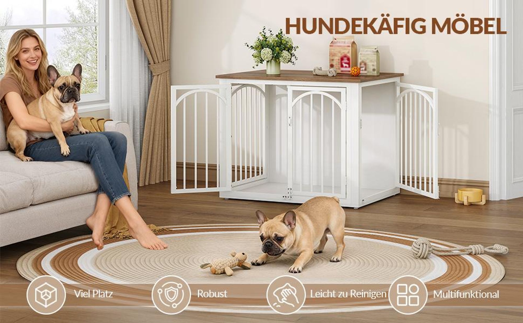Hundekäfig Möbel, 80 x 60 x 63 cm, Braun und Weiß | Hundebox für Zuhause, 4 Türen, Moderne Hundebox Holz, Beistelltisch, für Kleine und Mittelgroße
