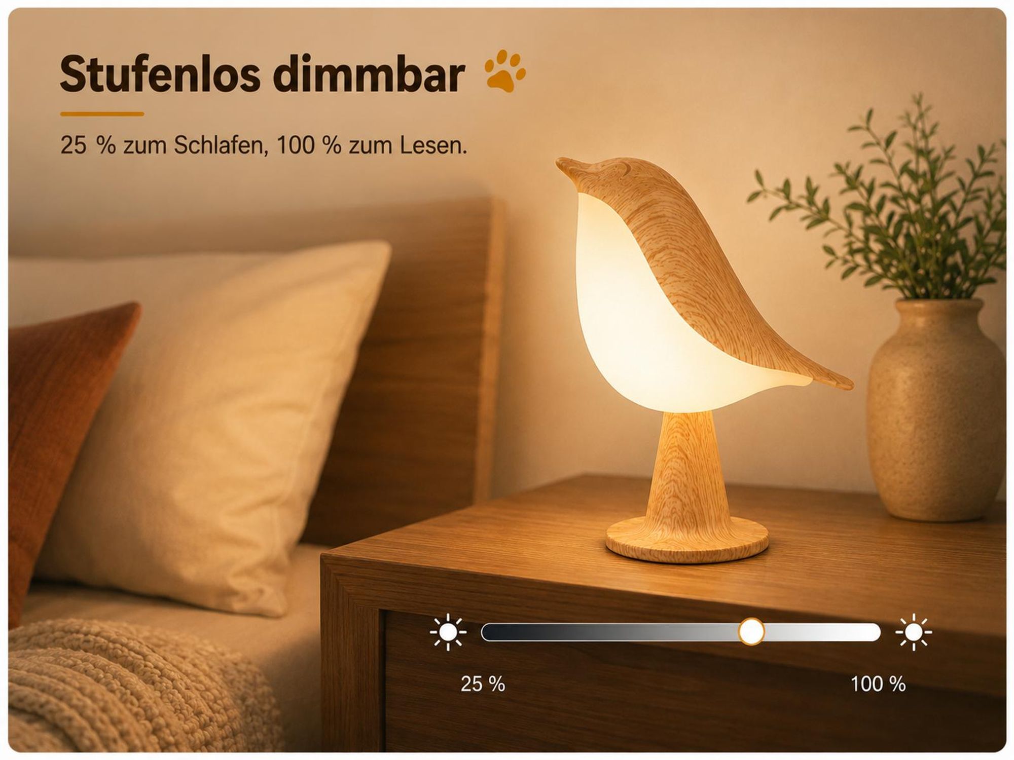 Nachtlicht mit Touch Control, 1x Kabellos Dimmbar LED Akku Lampe USB Tischlampe Vogel Nachttischlampe Für Kinder Erwachsene Geschenke Deko, 1800mAh