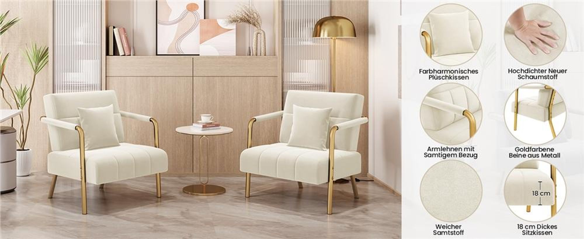 Yaheetech Samtiger Sessel Polstersessel mit Metallbeinen & Kissen, Einzelsessel Loungesessel, Beige